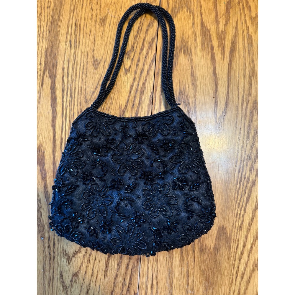 La Regale Black Beaded Floral Evening Bag Vintage Style Mini Shoulder Handbag